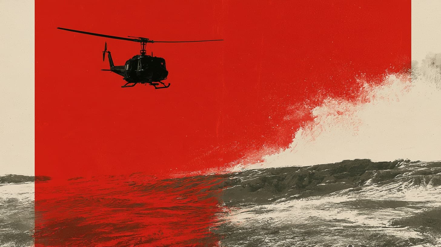 A dark helicopter against a red sky