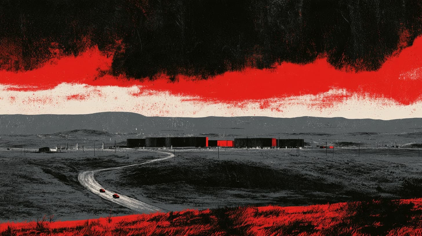A compound on the prairie under a red and black sky