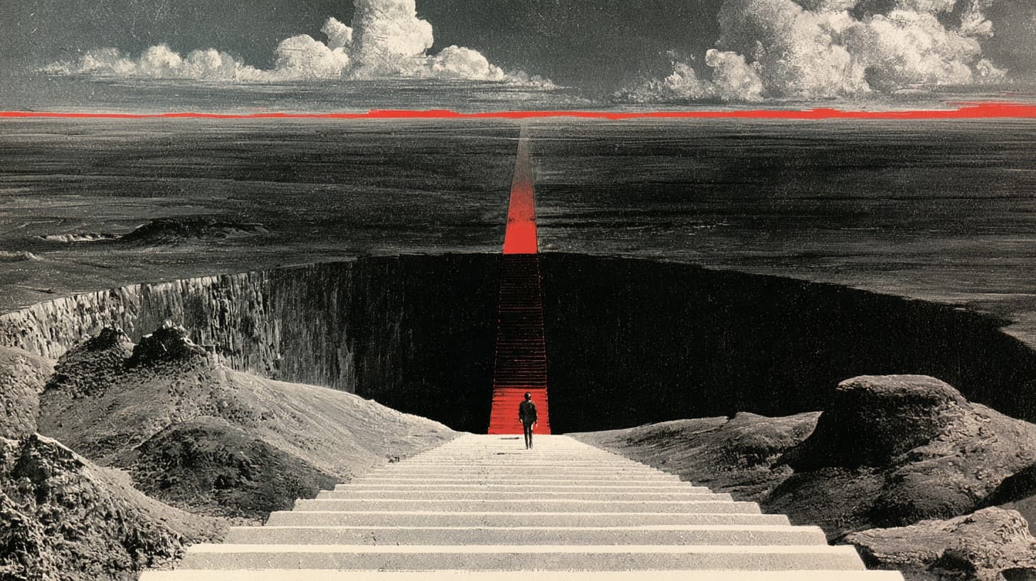 A long staircase descending into a dark pit on the plains
