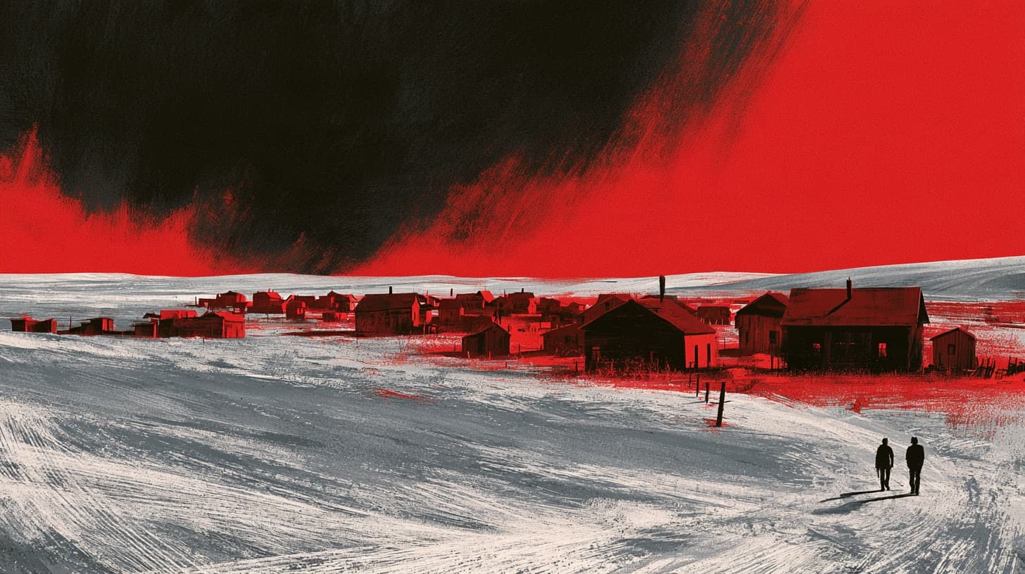 A small prairie town in snow with two figures walking
