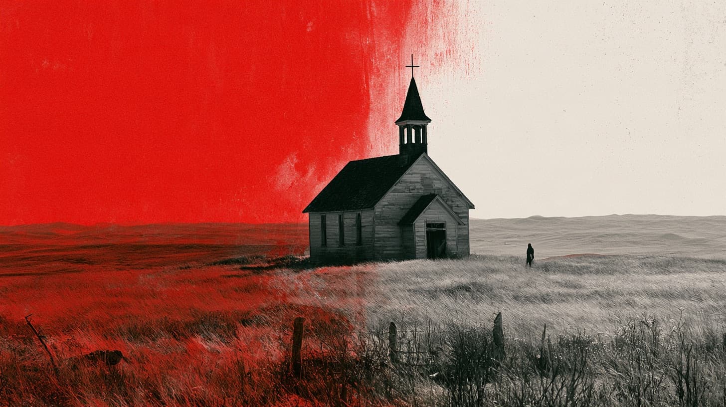 A white church on the prairie, half the sky painted red